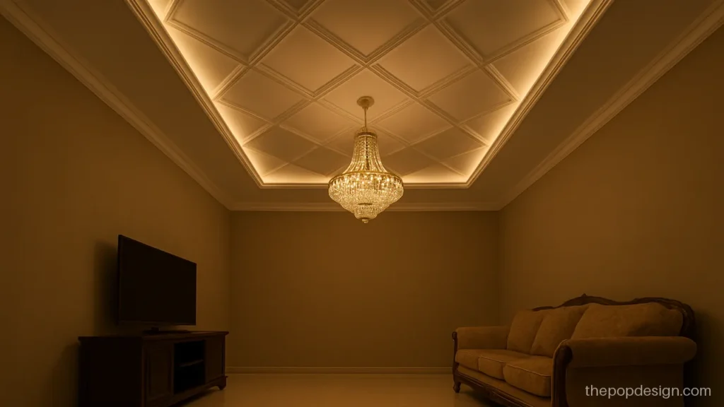 Unique pop ceiling design with a diagonal coffered grid and moulded edges