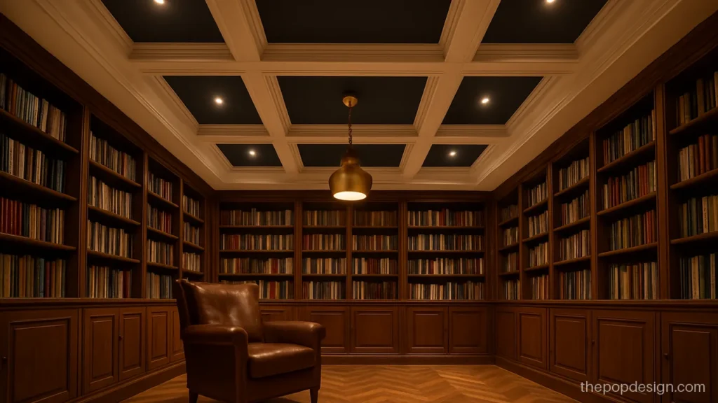 Classic coffered POP ceiling in two tones over a home library