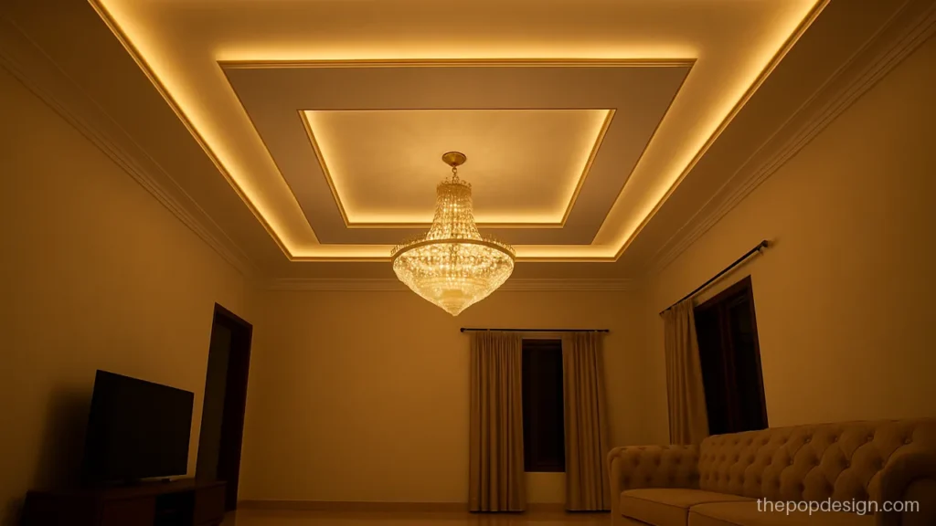 Luxury pop design for hall with triple layers, gold lines and a crystal jhumar
