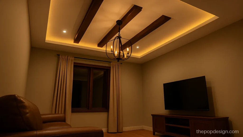 Modern luxury pop ceiling design with walnut beams and a deep cove