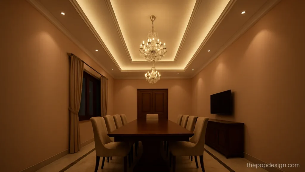 Royal pop ceiling design with arched cove edges over a dining hall
