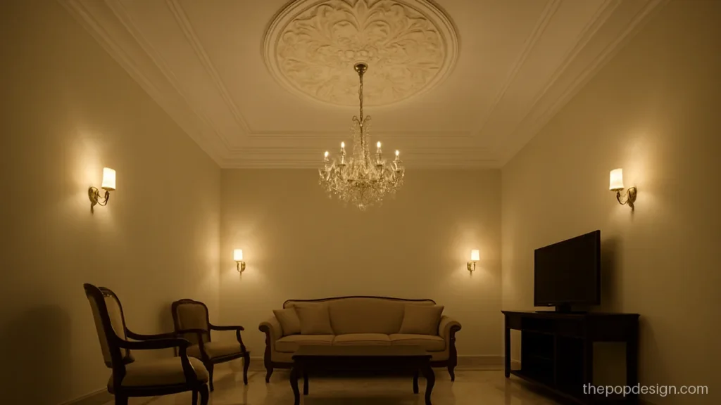 Royal POP ceiling with a deep cornice and a carved ceiling rose