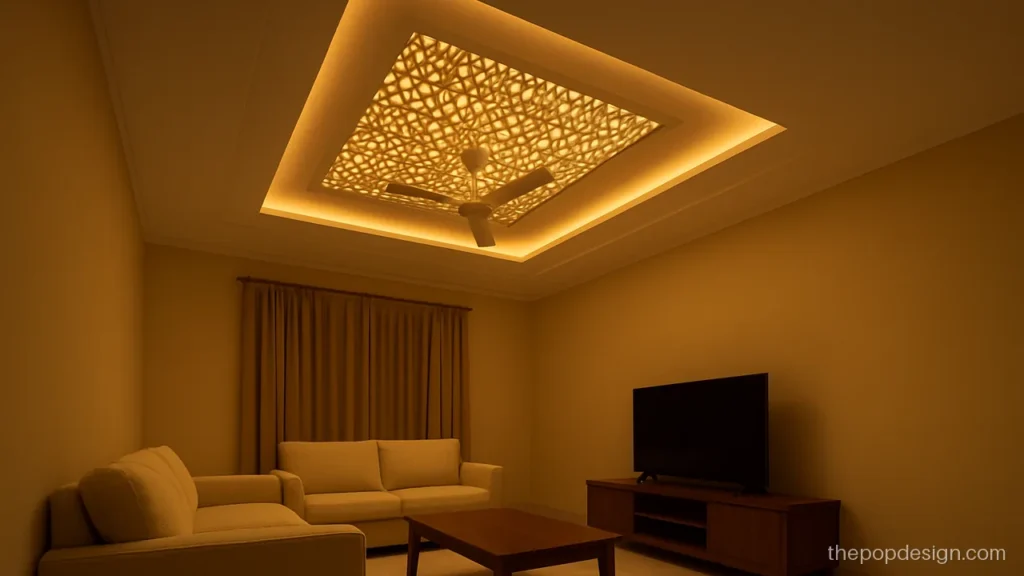 Cnc pop design for hall with a backlit jali panel in the centre