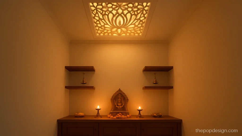 CNC jali pop design over a pooja corner with lotus pattern