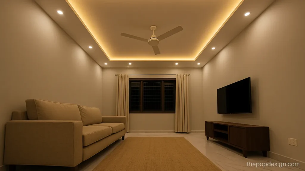 Gypsum pop design for hall with a floating panel and warm cove