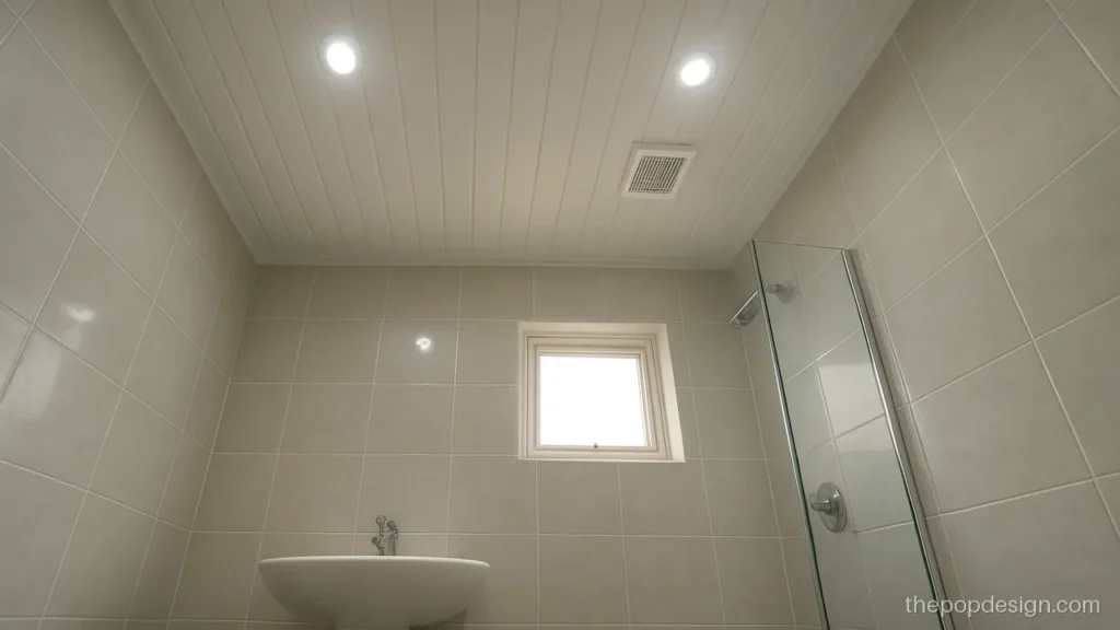 Pvc pop design simple for a bathroom with an exhaust and spot lights