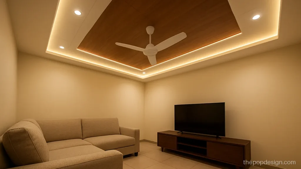 Hall pvc pop design with white panels and a wood-look centre band