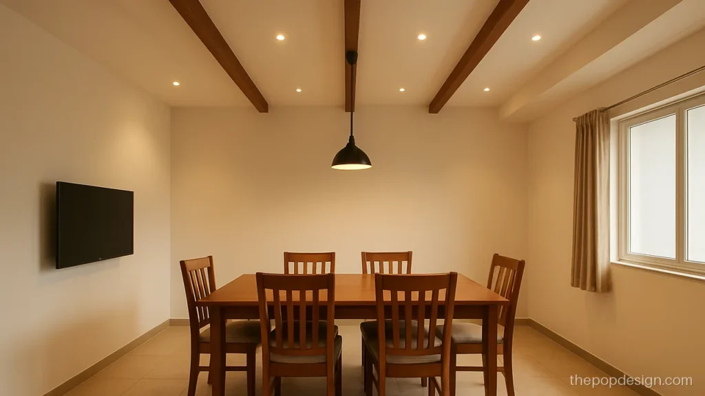 Pop wooden design with thin wood strips crossing a dining ceiling