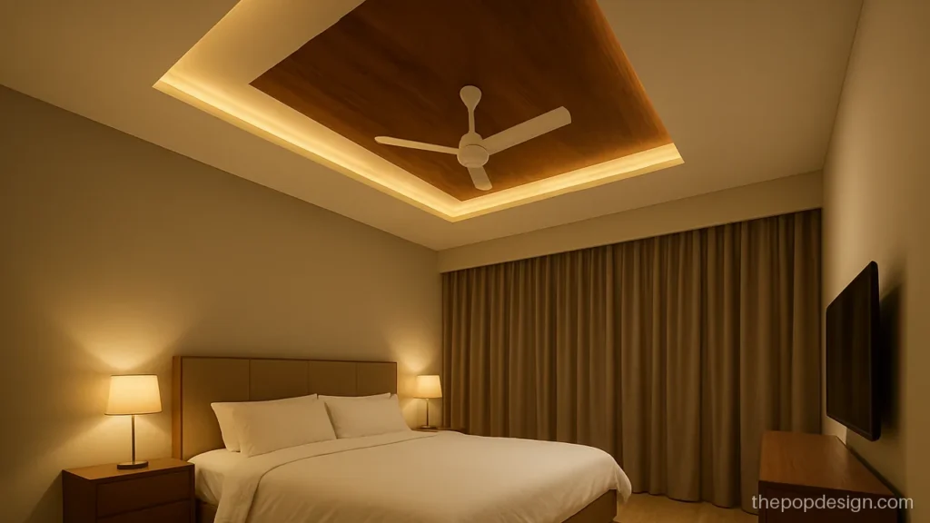 Wooden pop ceiling design with a veneer panel over the bed