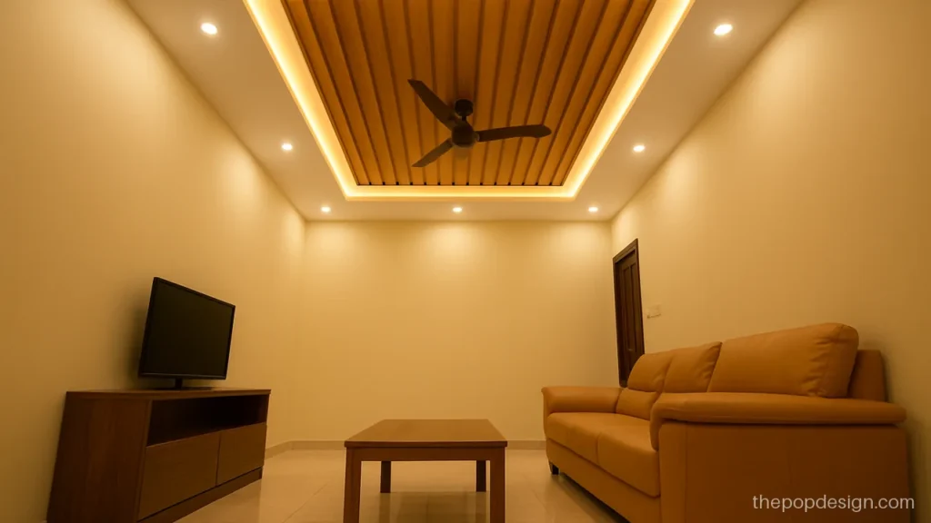 Wooden pop design for hall with slat panel and white POP border