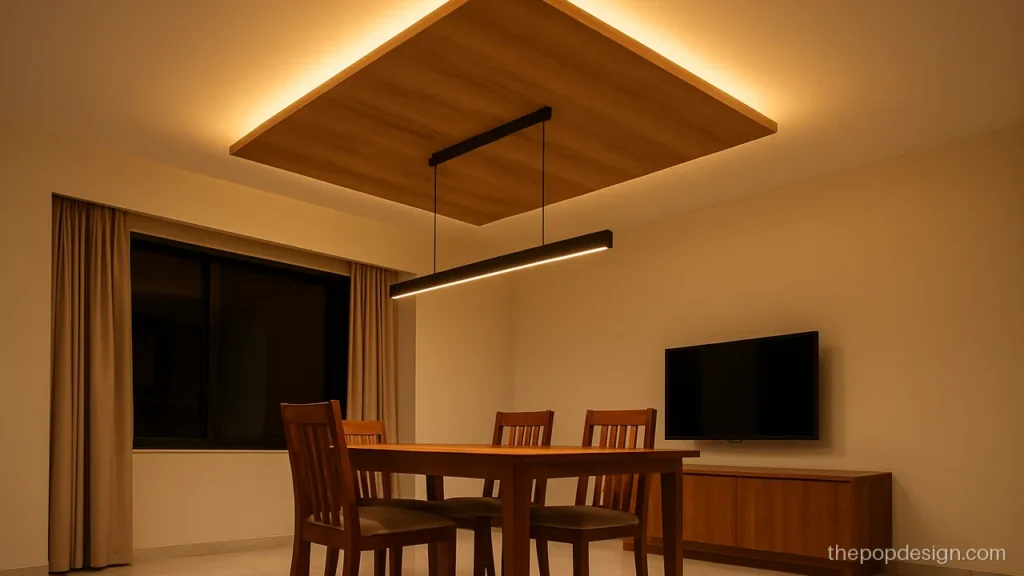 Modern ceiling with a floating wood island over the dining table