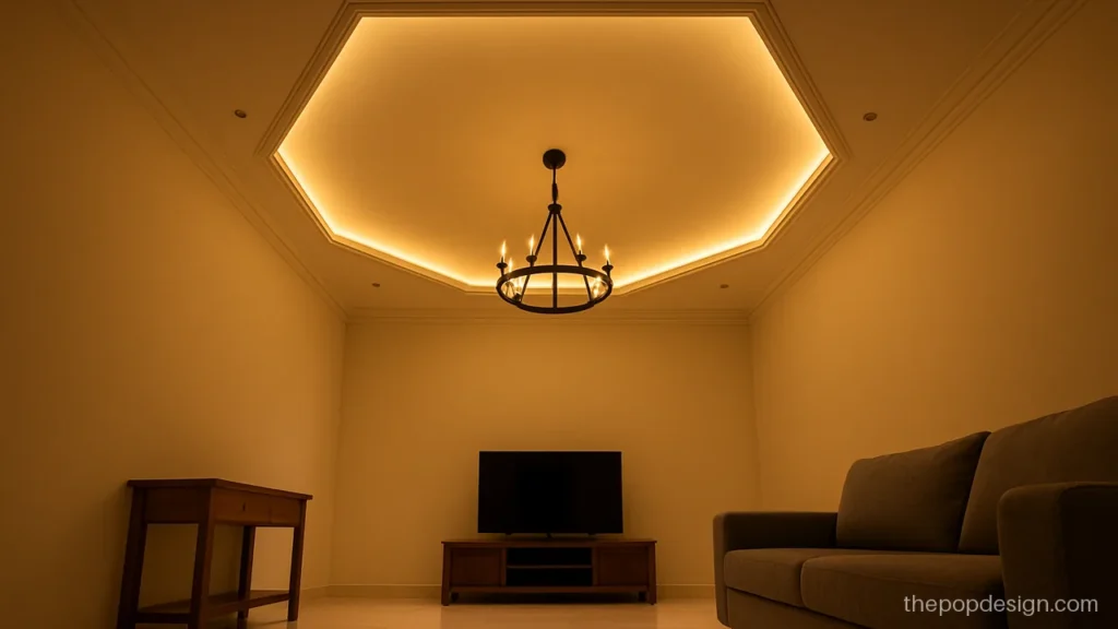 Modern ceiling pop design with a hexagon recess and a metal jhumar