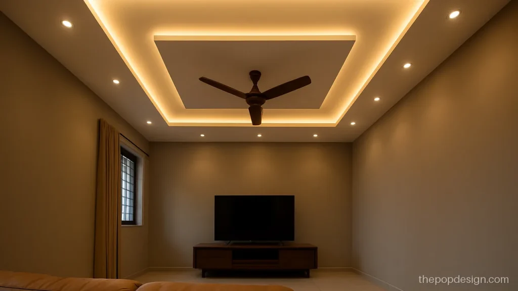 Modern pop ceiling design with offset overlapping rectangles and warm cove