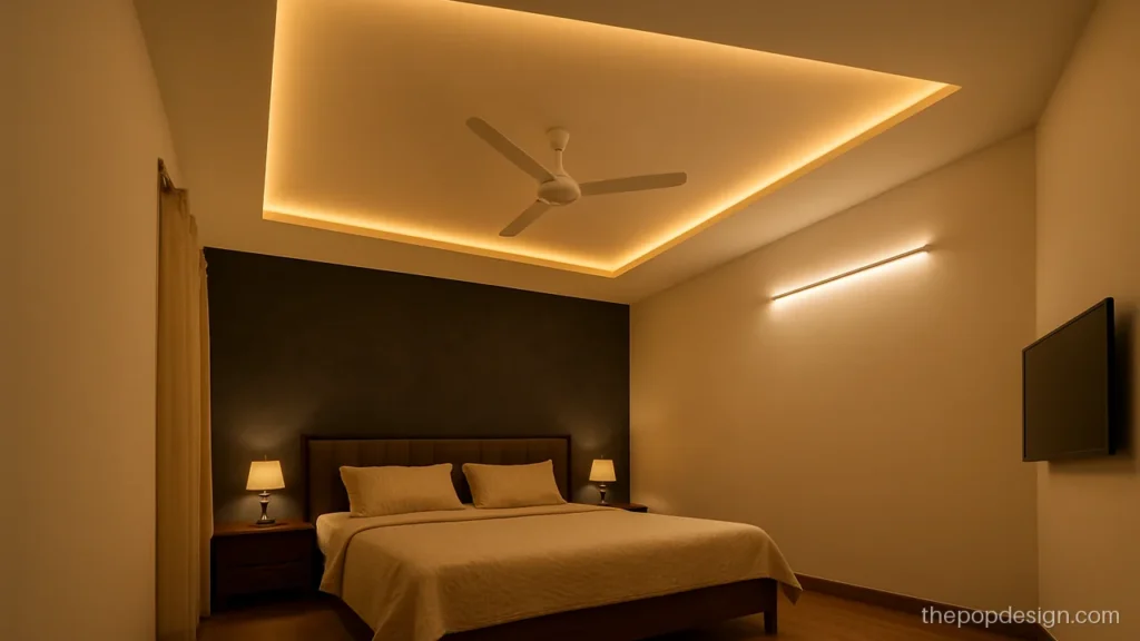 Pop design modern bedroom ceiling with angled triangle cut recesses