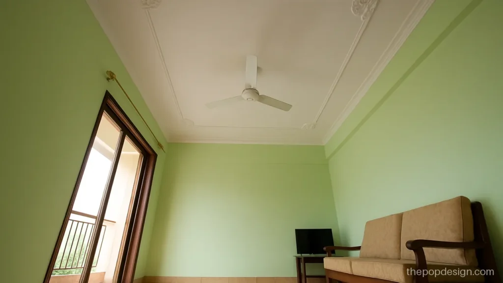 Pop border ceiling corner design with leaf curls in a hall
