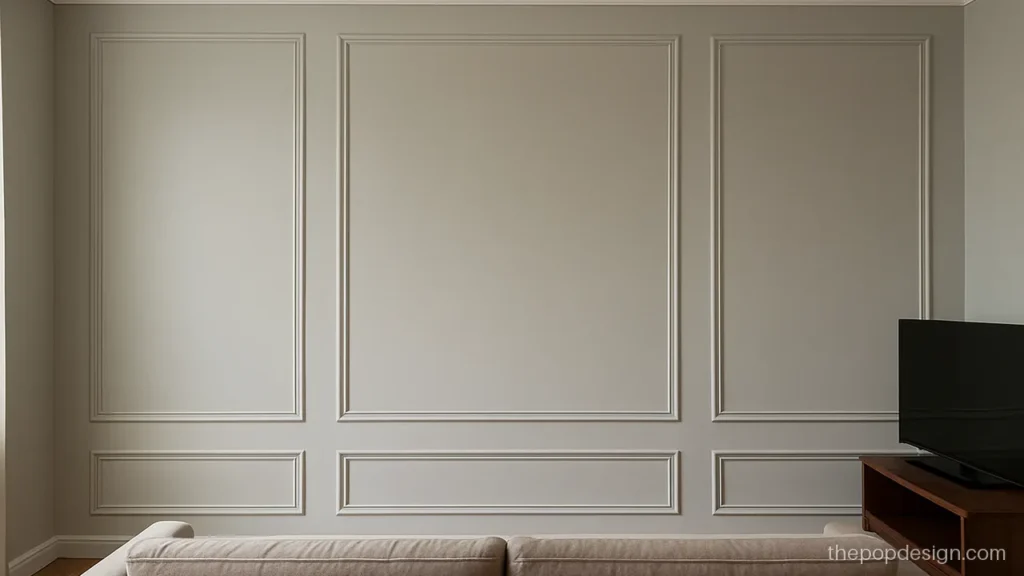 Pop wall moulding design with box frames on a grey sofa wall
