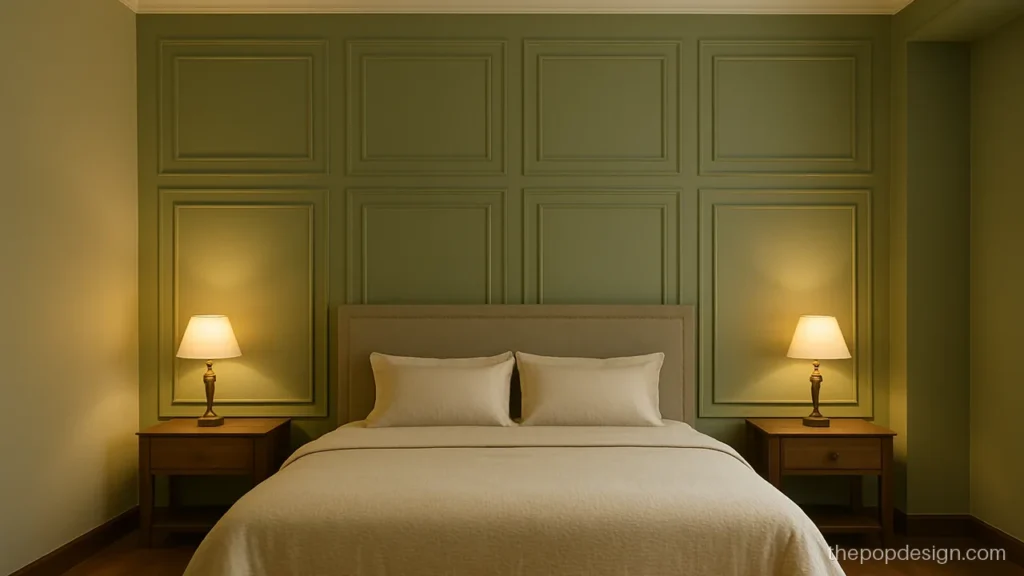 Molding pop wall panel design behind a bed in sage green