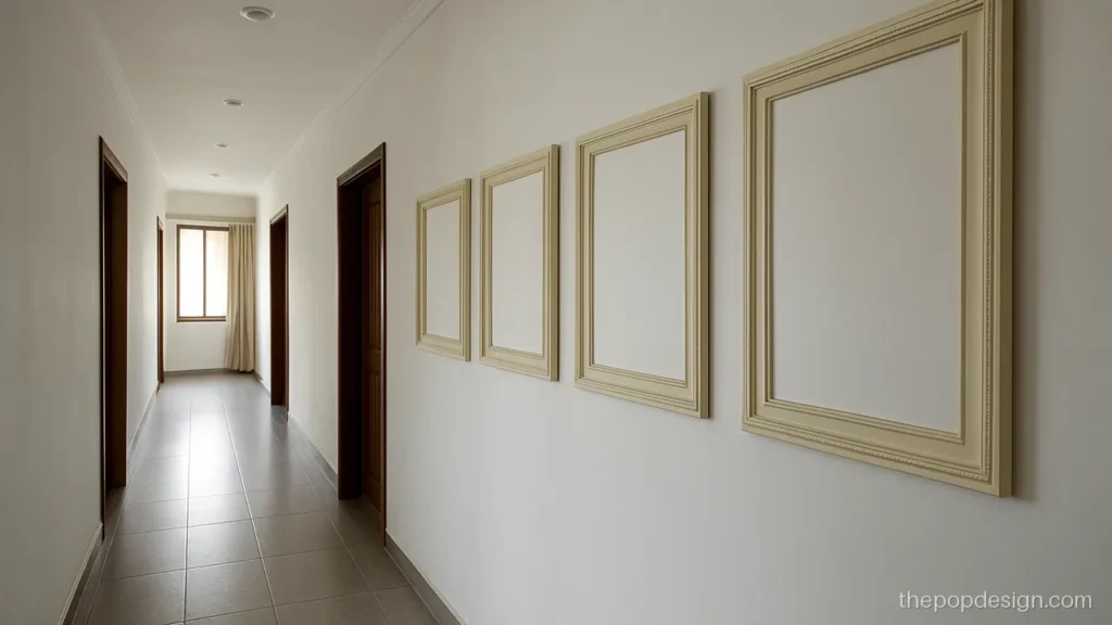 Photo frame pop border design for wall in a white passage