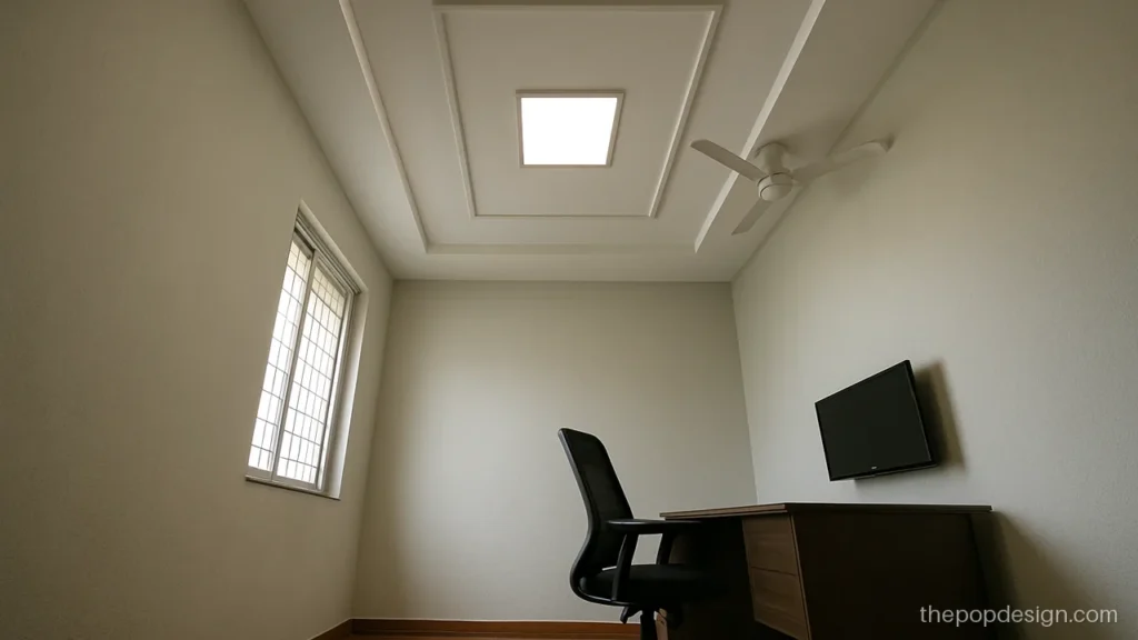Pop design for office cabin with a recessed panel light over the desk