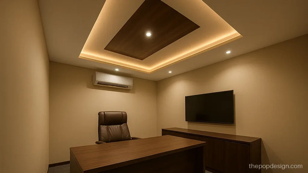 Small office POP design with a wooden strip and warm cove for a director cabin