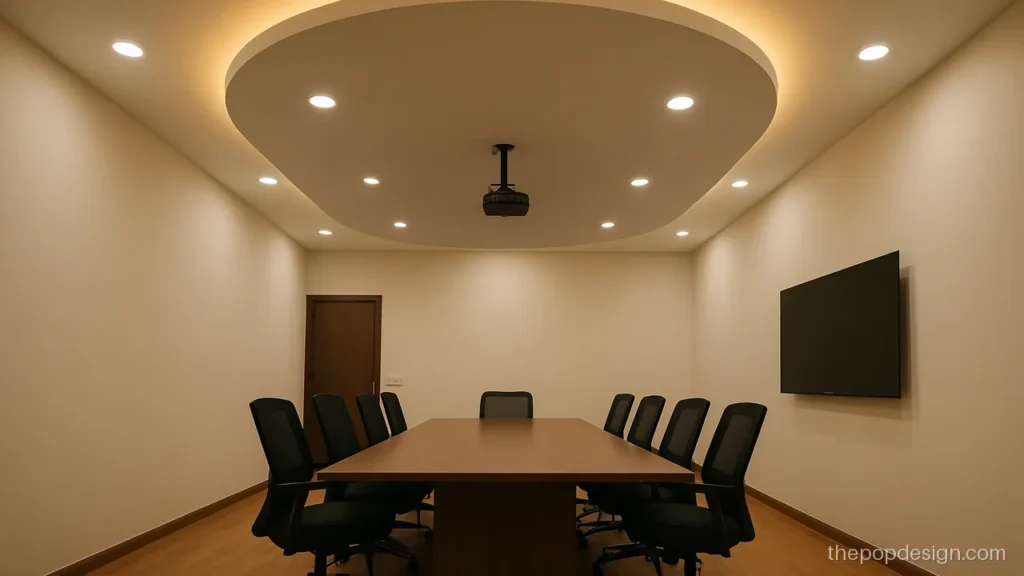 Pop office design for a meeting room with an oval recess in grey