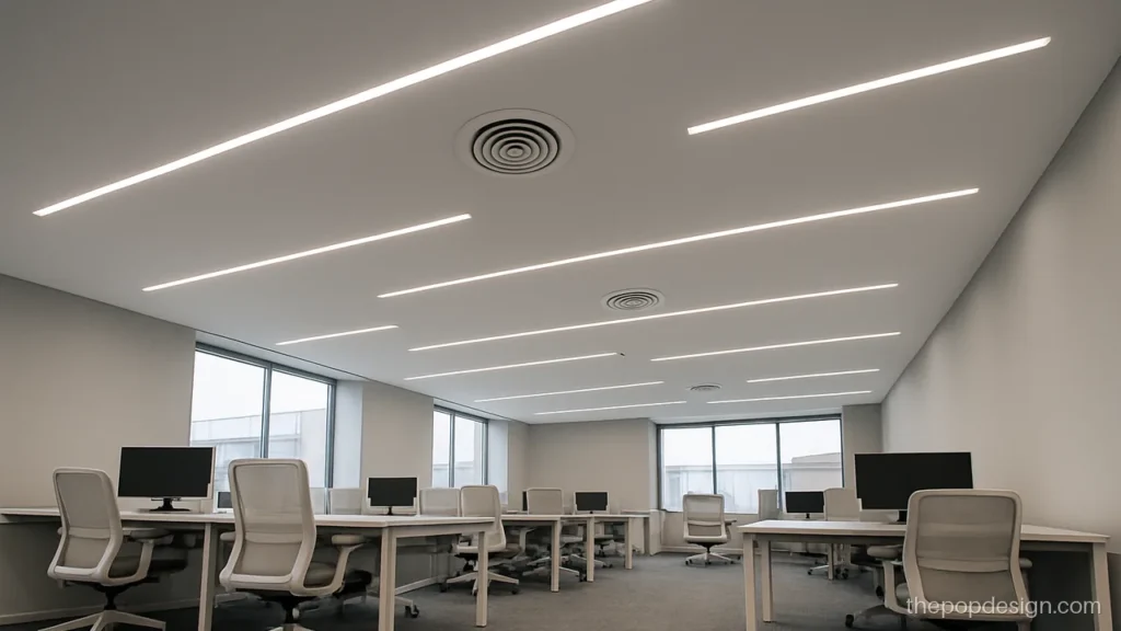Office pop design latest with long linear light rows across an open floor