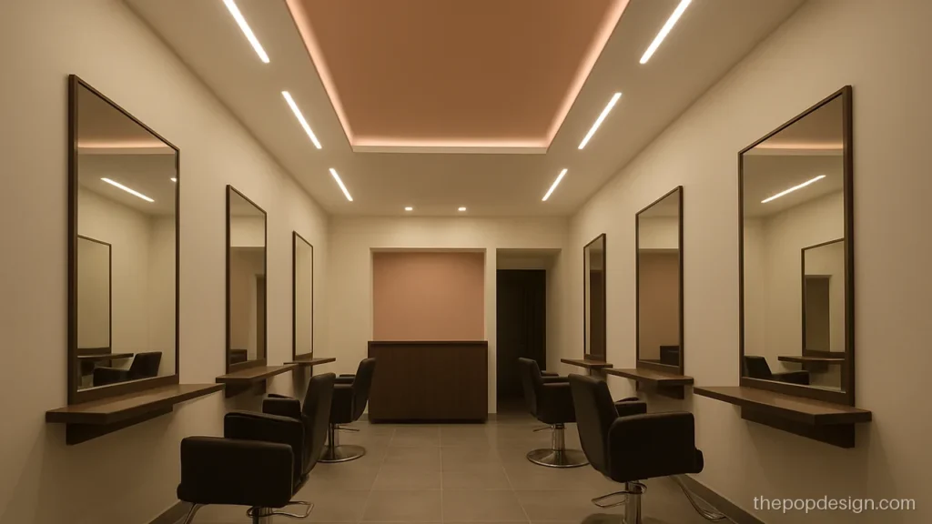 Salon POP design with light lines in front of each mirror station
