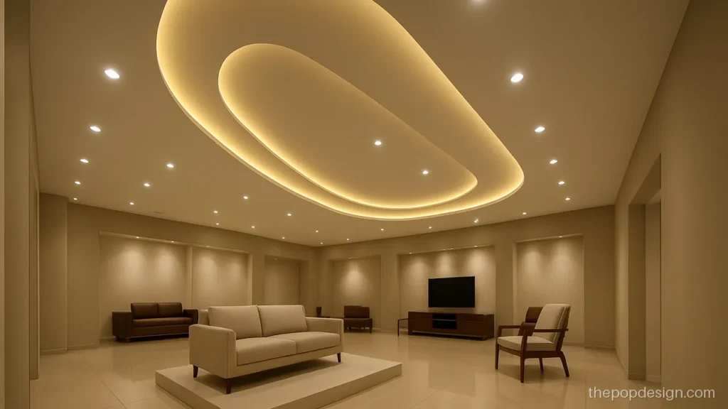 Pop design for showroom with curved cove over a display island
