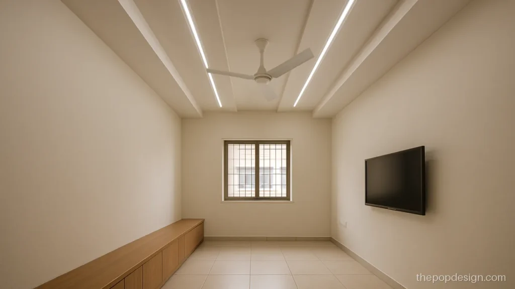 Plus minus POP design with alternate raised and sunken strips across the ceiling