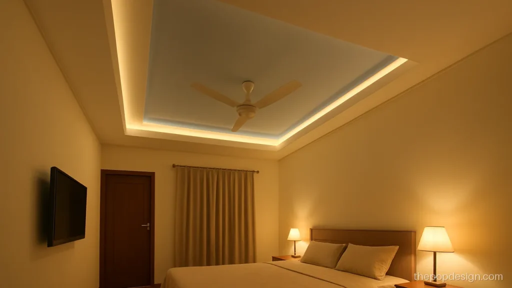 Pop plus minus design for room with recessed panel over the bed in soft blue