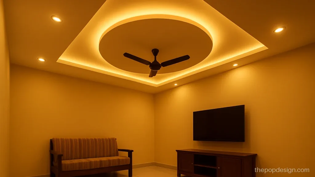 Plus minus POP design for hall with a recessed circle inside a raised square