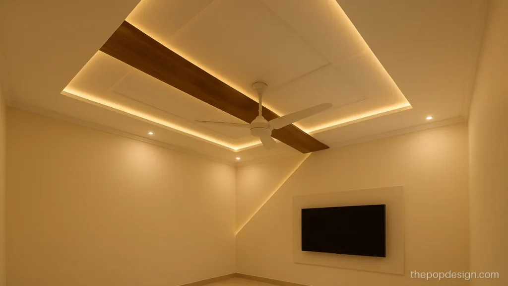 Hall latest plus minus POP design with diagonal recess and wooden strip