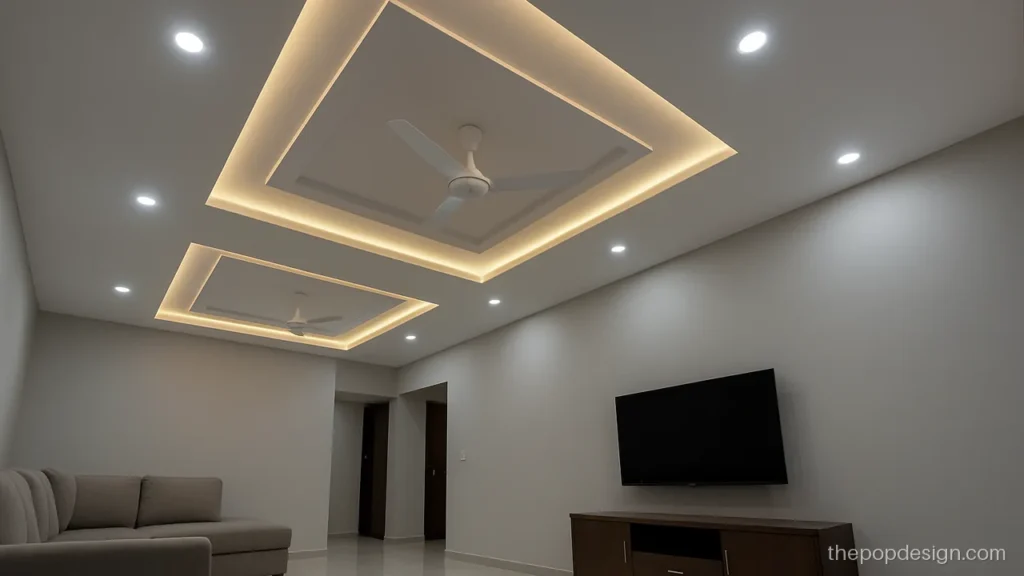 New modern POP plus minus design for hall with two recessed boxes and two fans