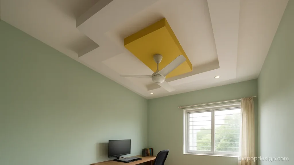 Plus minus pop design for room with offset raised boxes and yellow accent