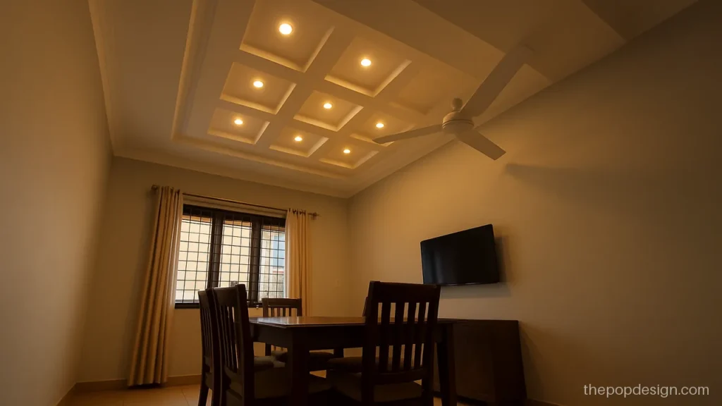 Pop plus minus ceiling design with a grid of small recessed squares and spots