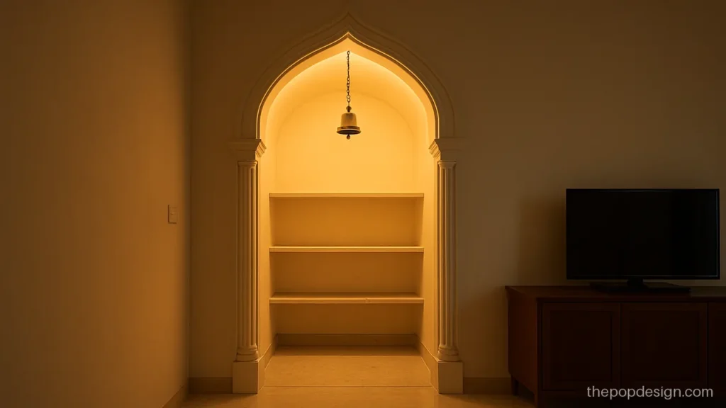 POP mandir arch design with a pointed temple style arch and side pillars