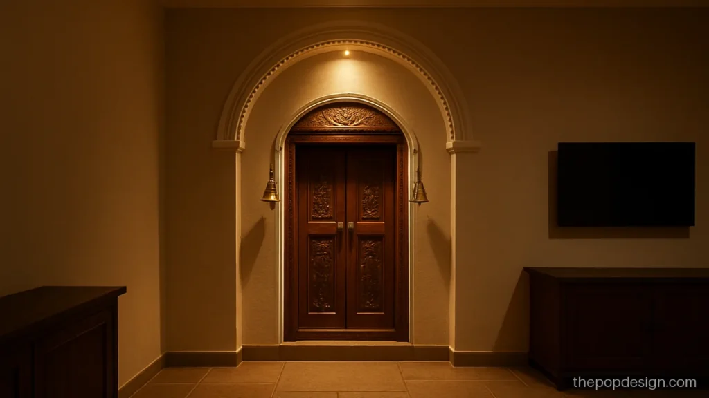 Round arch POP design over a pooja room door with a carved border