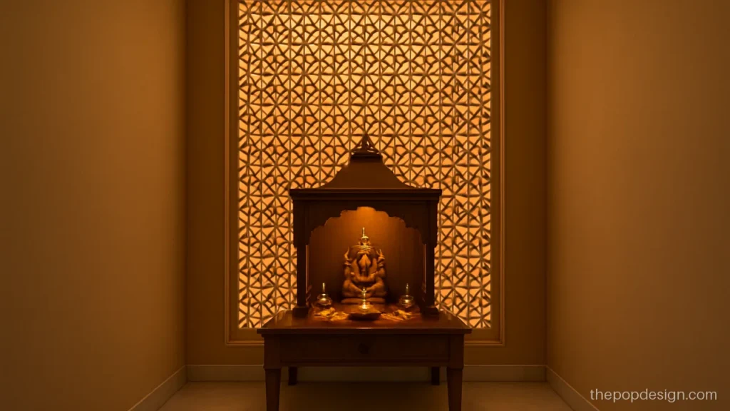 Mandir POP design on a back wall with a jaali panel and warm back light