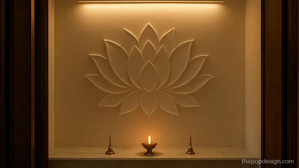 Modern mandir POP design with a large lotus relief on the back wall