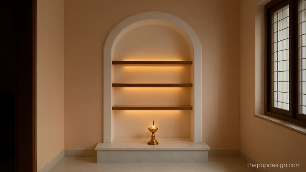 Pop mandir design for home with a raised frame and three empty shelves