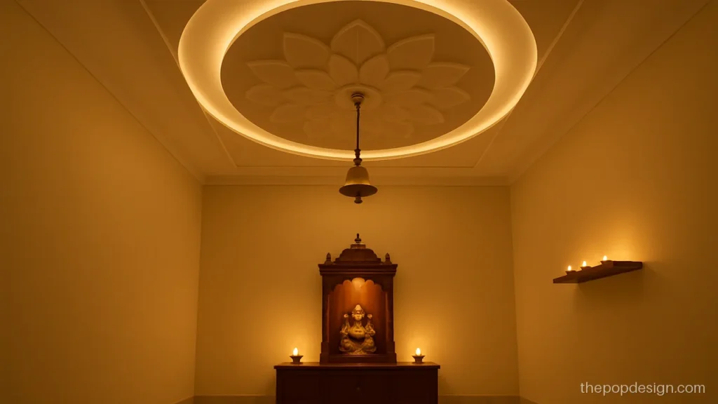 Pop design for pooja room ceiling with a lotus medallion and warm cove