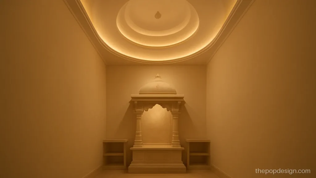 Mandir pop ceiling design with a shallow stepped dome and gold ring
