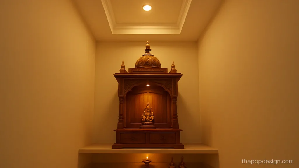 Small pooja room POP design with a single square step and warm downlight