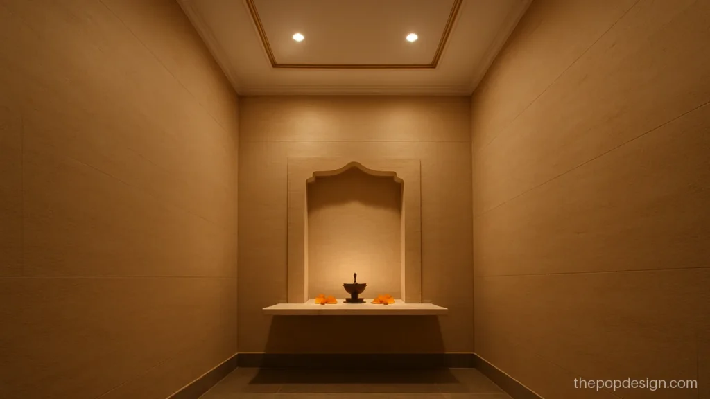 Simple pooja room POP ceiling with a gold line border over a wall niche
