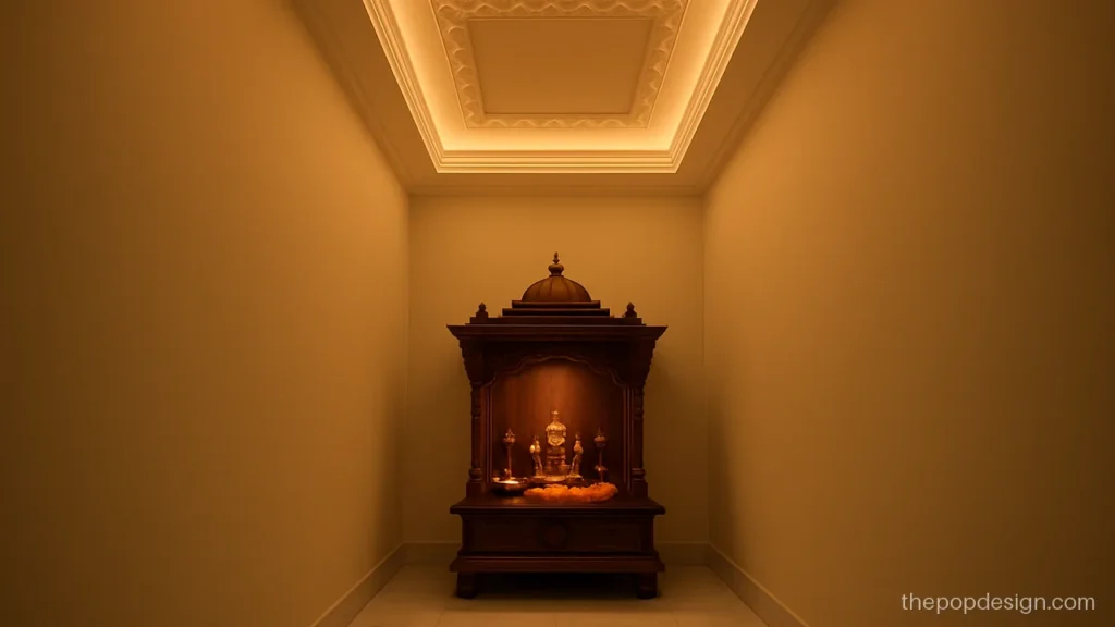 Plus minus small pooja room POP design with a lotus border in relief