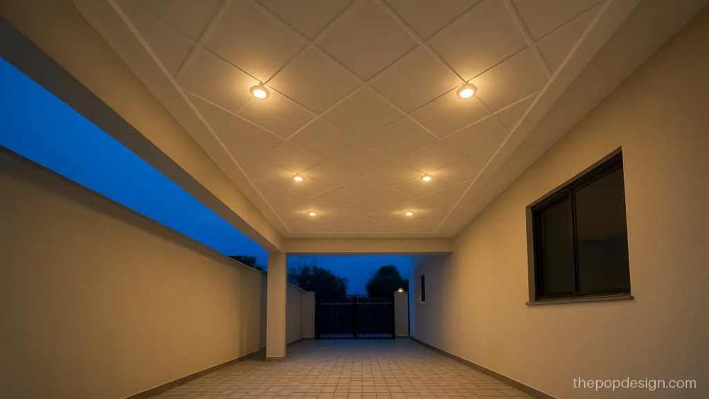 Home parking POP design with a shallow diamond grid and warm round lights