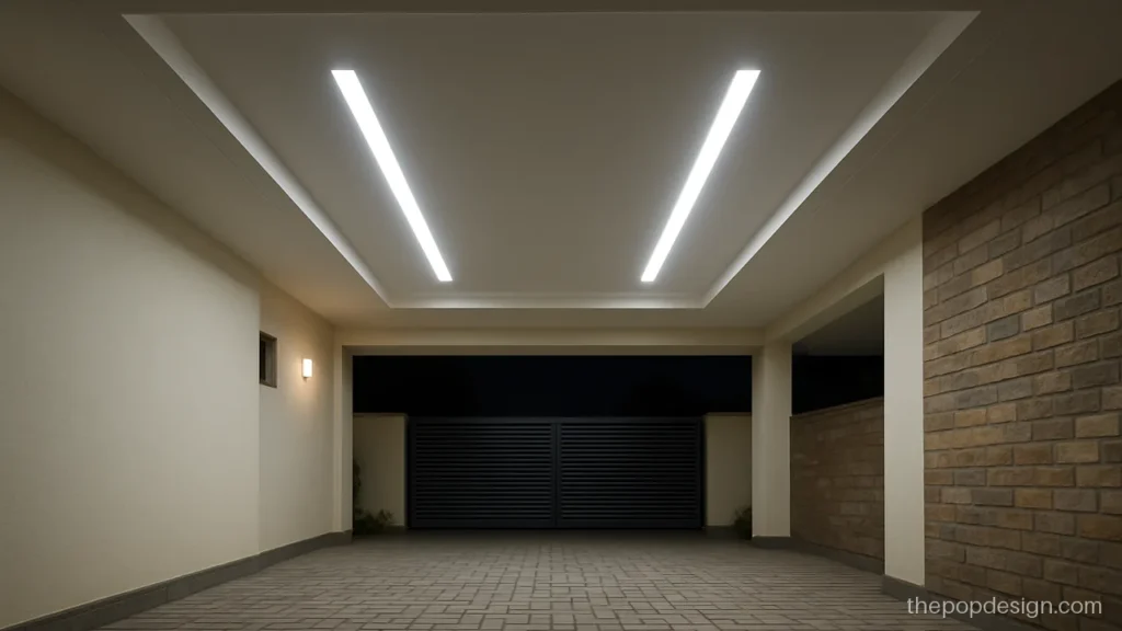 Car porch POP design with a long recessed panel and bright linear lights