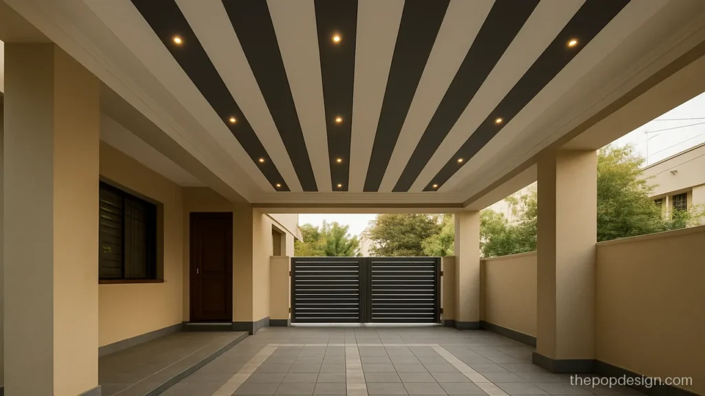Parking POP ceiling design with two tone strips across a double car porch