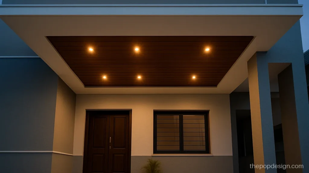 Chajja light POP design with a wood look strip and matching front wall groove
