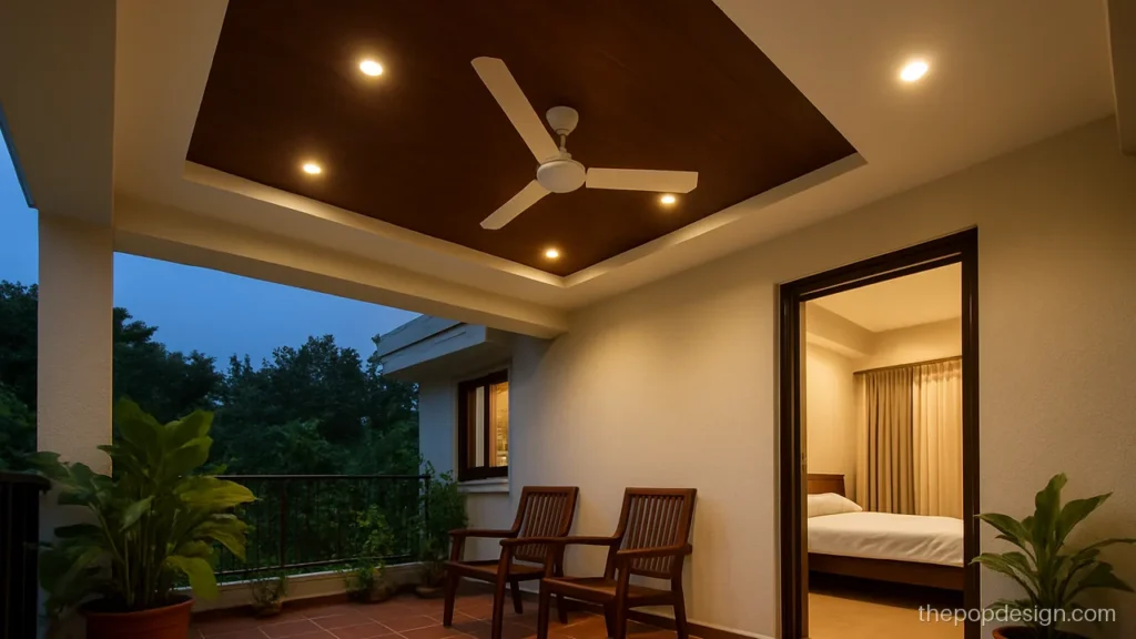 Bedroom pop plus minus design for porch with a fan and wood panel